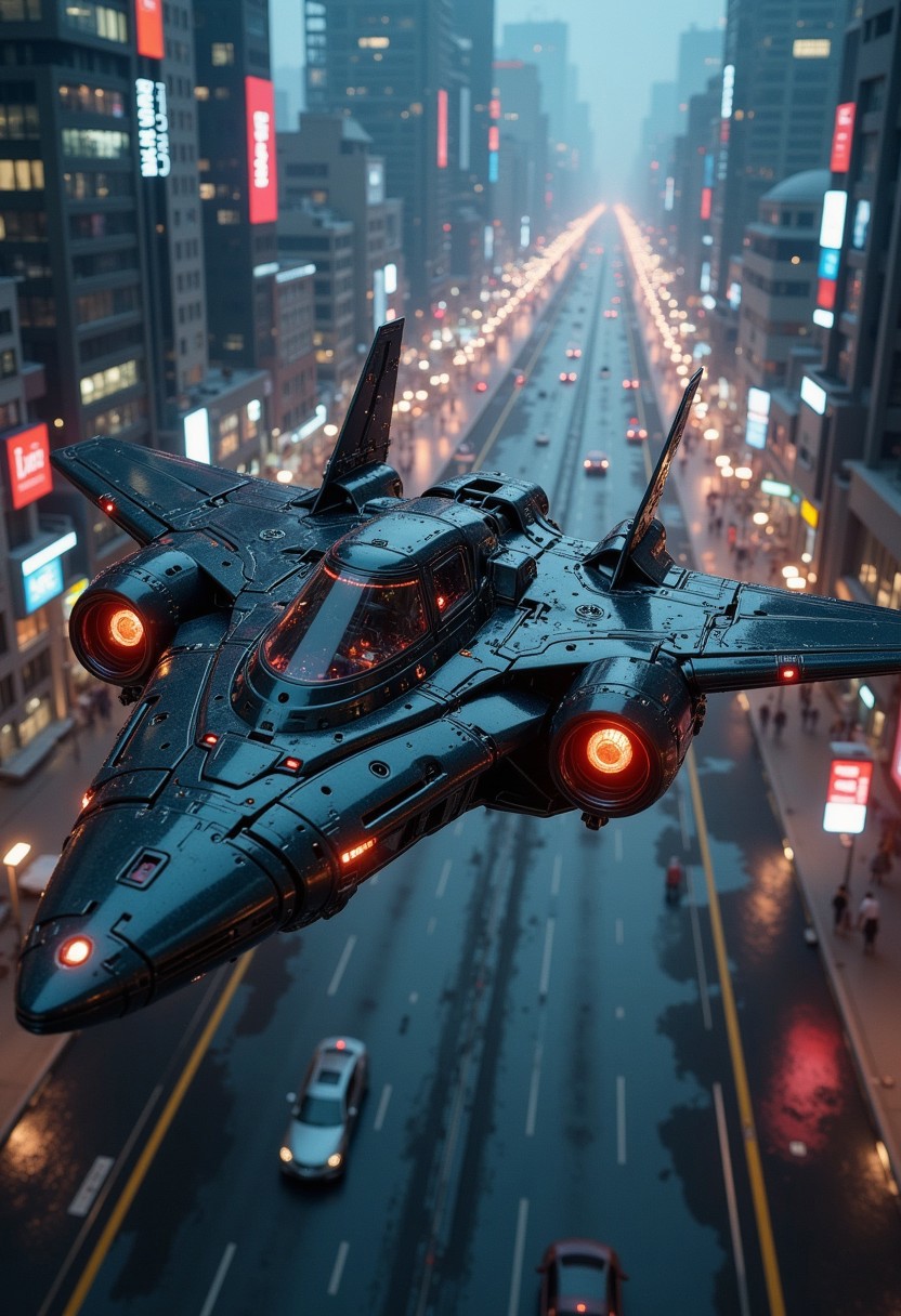 in the style of ck-mgs, A digital artwork in the style of cknc, a_skynet_cyberdyne_craft, the image is featuring a futuristic, highly advanced stealth fighter flying rapidly over a futuristic sci-fi city scape at night. The fuselage is made of a dark gunmetal alloy and the cockpit shows glowing led lights, and has a large air intake, dutch angle, motion blur