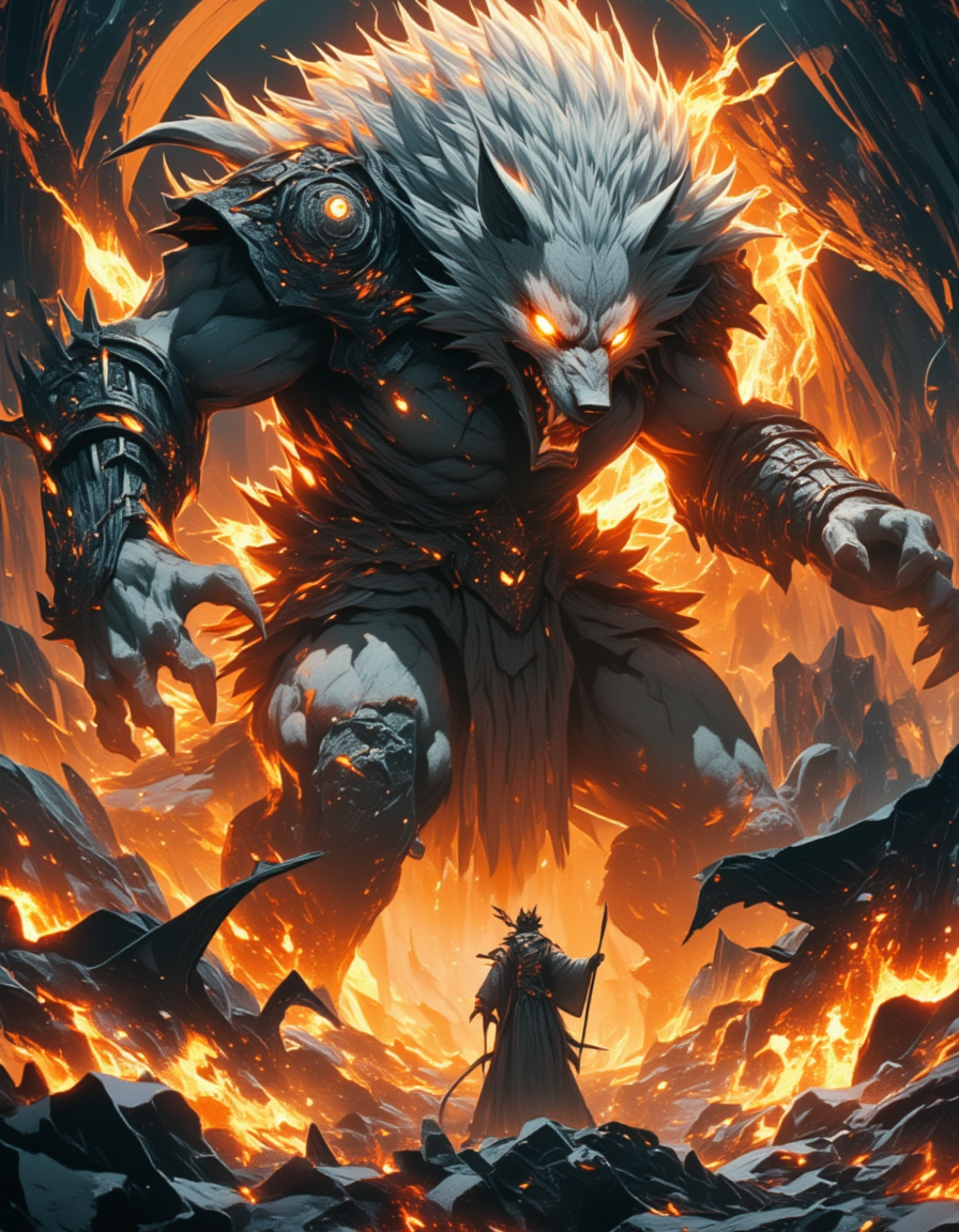 <lora:CW02_Lost_indusin:1> japanese animation style, cw02lost, indoors, sculpture, marble, detailed carving, giant fierce wolf, dangerous, majestic, glowing eyes, furious, breaking in, burning,  enormous, huge,