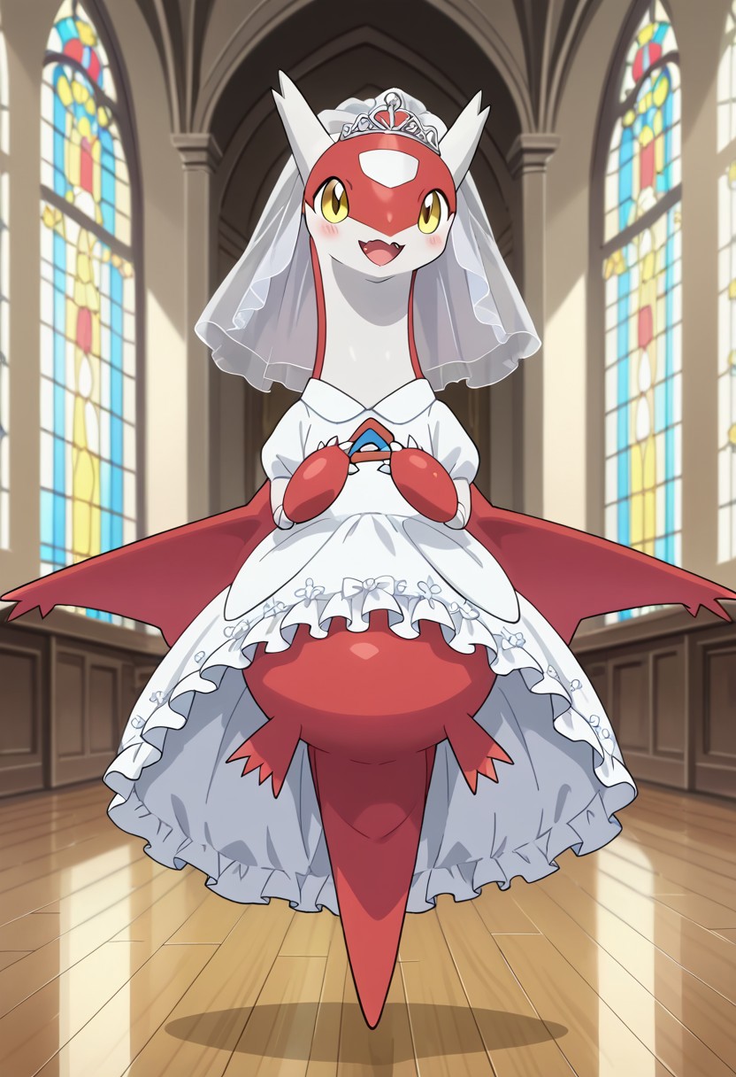 uploaded on e621, source_furry, moe, cute, score_10, score_9_up, score_8_up, score_7_up, score_6_up,anime screencap,
background:church,indoors,front view, solo,nintendo,pokemon,pokemon_(species), (dragon,scalie,mythological scalie, feral,feral dragon),original, no humans,
female,latias,feralatias,yellow eyes, feral,3_fingers,claws,cute fangs,feral hands,looking_at_viewer,full body,flying, short legs,blush,red wings, 
open_mouth,happy,smile, 
((clothed,clothed_feral,clothing,frilly dress,white clothing,)),bride,wedding dress, bridal veil,