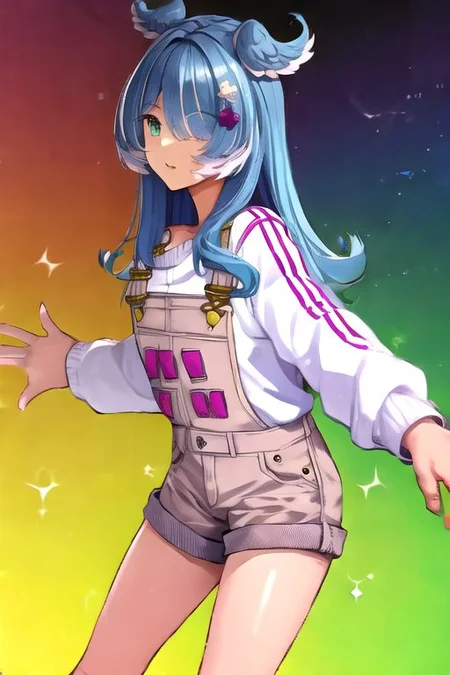 solo, 1girl, solo_focus, (((masterpiece))), ((best quality)), ((ultra-detailed)), high resolution, absurdres, highres, ultra-detailed 8k unity wallpaper,
elira1st, long sleeves, overalls, white sweater, off shoulder, grey gloves, one eye covered, overall shorts