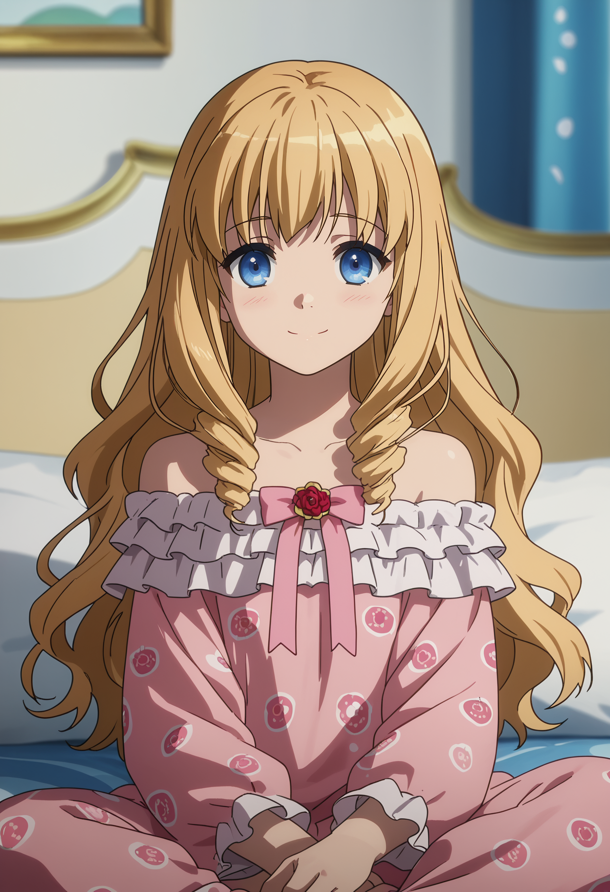 score_7_up, anime screencap,
<lora:AmagiBrilliantPark_LatifaFleuranzaXL:0.9>, LatifaFleuranza,
1girl, solo, closed mouth, light smile, light blush,
drill hair, blonde hair, blue eyes,
LatifaPajamas, pink pajamas, frills, off shoulders, 
sitting, looking at viewer,
blurry background, indoors, bed, pillow