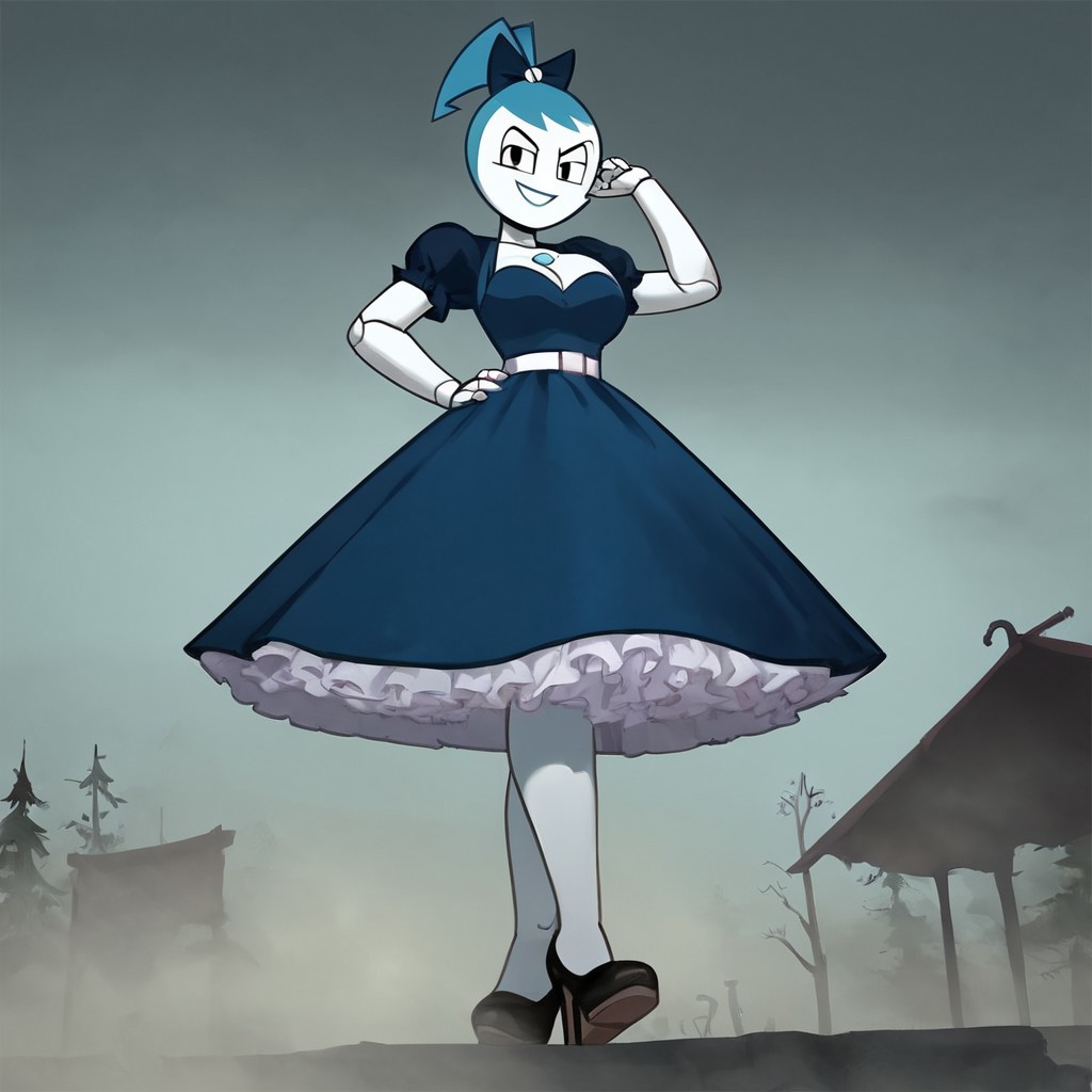 (Masterpiece, best quality:1.2), score_9, score_8_up, flat color, flat shading, soft shading, lighting, Jenny Wakeman as an adult, (((in a 1950's full length formal dark blue dress, a white belt, a fluffy frilly ruffled full white petticoat, and black high heels))), dress, layered petticoat, frilly petticoat, fluffy petticoat, full petticoat, detailed petticoat, wide skirt, detailed outfit, flowing skirt, (((long skirt))), (((solid dark blue colored dress, black high heels))), blue hair, series accurate, cute, best high quality, high res, robot, humanoid robot, (((giant breasts, cleavage))), whole body shot, 1girl, (((solo, outside, in a dark creepy forest, at night, heavy fog surrounding her, fog, heavy fog, looking at you, low angle))), (((evil, evil smile, determined evil eyes, posing gracefully and evilly))), low angle shot, cartoon, cartoon style, vector, solo, circle dress, 1950s, dance dress jenny, jenny wakeman, 1girl, solo, robot joints, black eyes, white skin, ponytail, hair bow, blue rose chest corsage, poofy dress, blue hair, flat lighting,