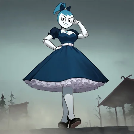 (Masterpiece, best quality:1.2), score_9, score_8_up, flat color, flat shading, soft shading, lighting, Jenny Wakeman as an adult, (((in a 1950's full length formal dark blue dress, a white belt, a fluffy frilly ruffled full white petticoat, and black high heels))), dress, layered petticoat, frilly petticoat, fluffy petticoat, full petticoat, detailed petticoat, wide skirt, detailed outfit, flowing skirt, (((long skirt))), (((solid dark blue colored dress, black high heels))), blue hair, series accurate, cute, best high quality, high res, robot, humanoid robot, (((giant breasts, cleavage))), whole body shot, 1girl, (((solo, outside, in a dark creepy forest, at night, heavy fog surrounding her, fog, heavy fog, looking at you, low angle))), (((evil, evil smile, determined evil eyes, posing gracefully and evilly))), low angle shot, cartoon, cartoon style, vector, solo, circle dress, 1950s, dance dress jenny, jenny wakeman, 1girl, solo, robot joints, black eyes, white skin, ponytail, hair bow, blue rose chest corsage, poofy dress, blue hair, flat lighting,