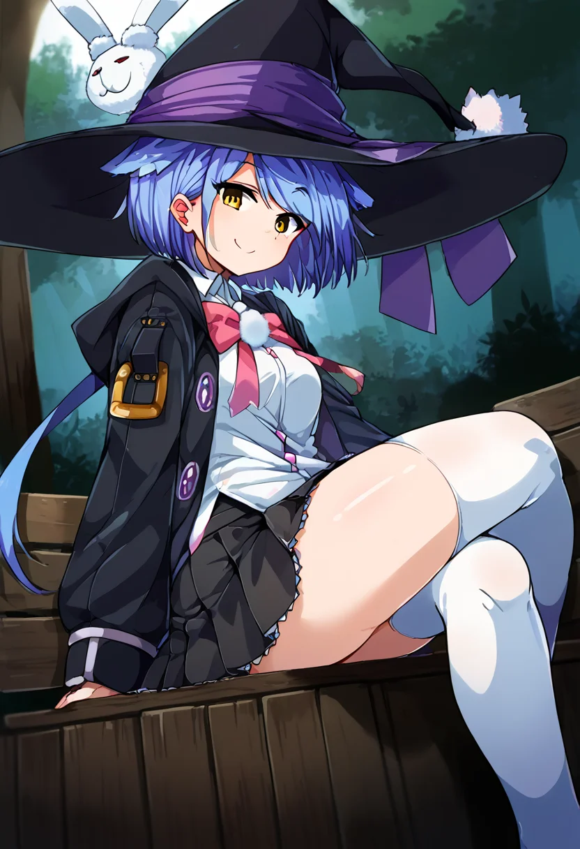 score_9,score_8_up,score_7_up,source_anime,zPDXL3,wooden bench,sitting,smile,from below,
*//*,<lora:Teria_v1.1:1>,mahoushi_teria,yellow eyes,blue hair,purple hair,short hair,long hair,white thighhighs,white shirt,ribbon,jacket,hood,skirt,witch,witch hat,
*//*,looking at viewer,cowboy shot,dutch angle,dynamic pose,