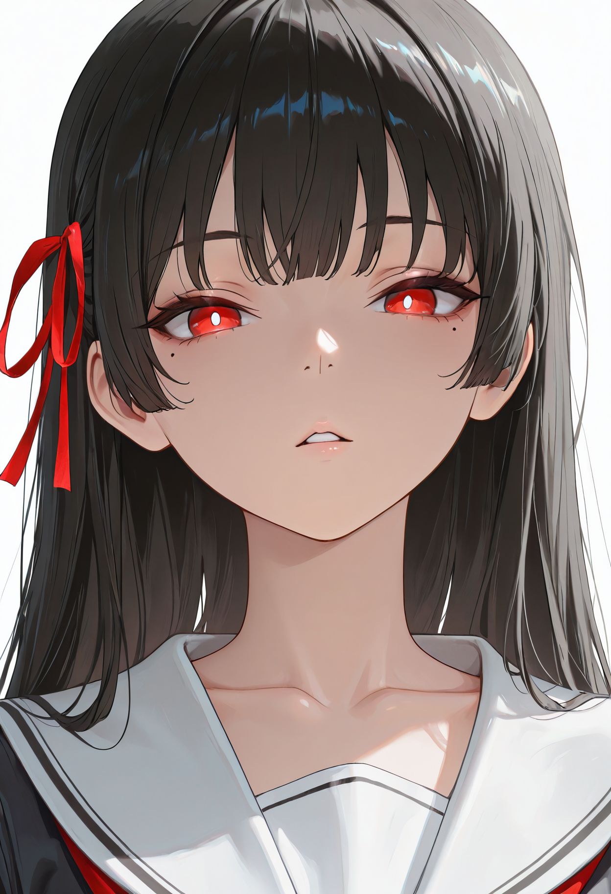 masterpiece,best quality,amazing quality, absurdres, <lora:chisa_wuwa_ilxl_goofy:1> chisaWuwa, 1girl, black hair, bright pupils, collarbone, hair ribbon, long hair, looking at viewer, mole, mole under eye, parted lips, portrait, red eyes, red ribbon, ribbon, sailor collar, simple background, solo, white background, white pupils, white sailor collar
