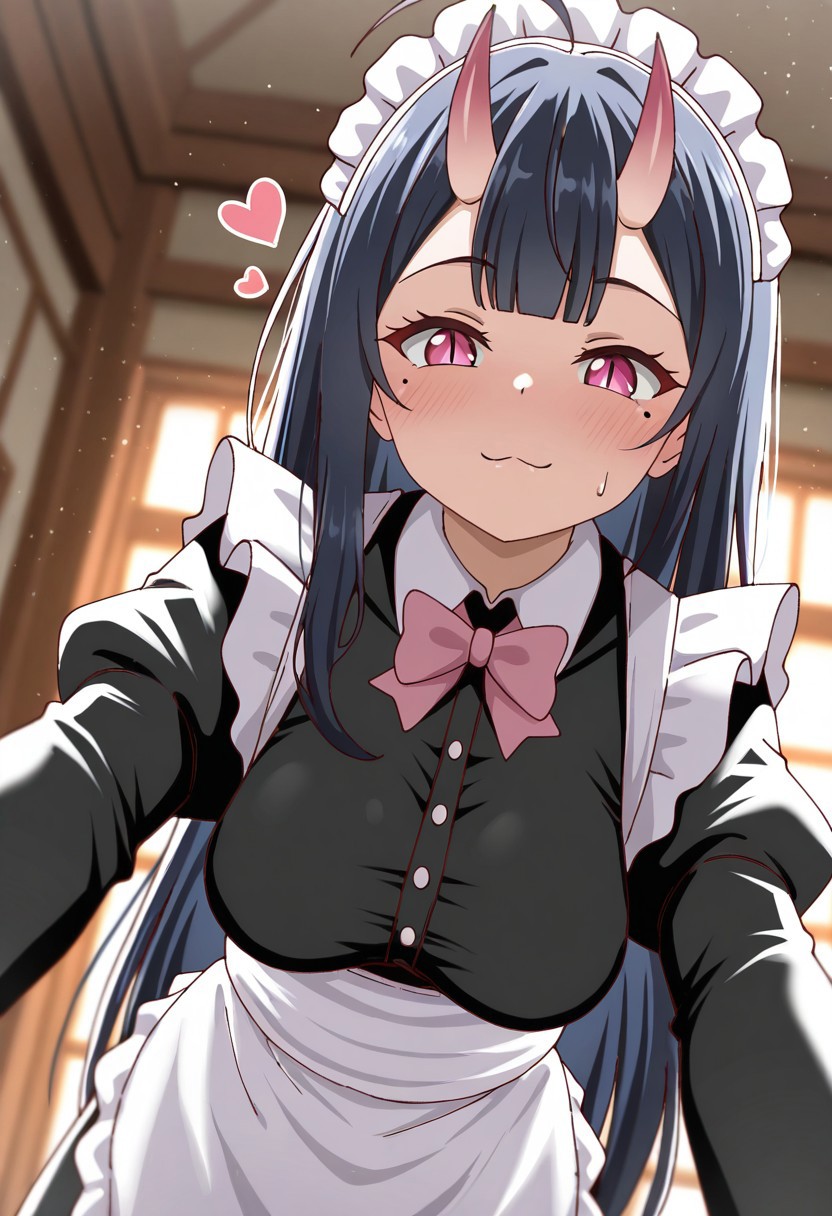 masterpiece, cute, lovely, newest, absurdres, (best quality:1.3), amazing quality, very aesthetic, 1girl, solo, high_resolution, hq, 4k, BREAK. high gradient eyes, very cute, light particles, cute details, cute colors, mature woman, (Poa_Mellhen_Style), oni, oni horns, dark blue hair, straight hair, very_long_hair, blunt bangs, pink eyes, slit pupils, (medium breasts:1.2), sagging_breasts, :3, ahoge, BREAK, in the style of cksc, depth of field,detailed background, volumetric lighting,godrays, detailed eyes,expressive eyes,highres,  alternate_costume, apron, blurry, blush ,bow, enmaided, heart, long_sleeves, looking_at_viewer, maid ,maid_apron, maid_headdress, mole ,mole_under_eye, sharp_maker, sweatdrop, cinematic lighting, detailed clothes, vivid colors, fine texture,