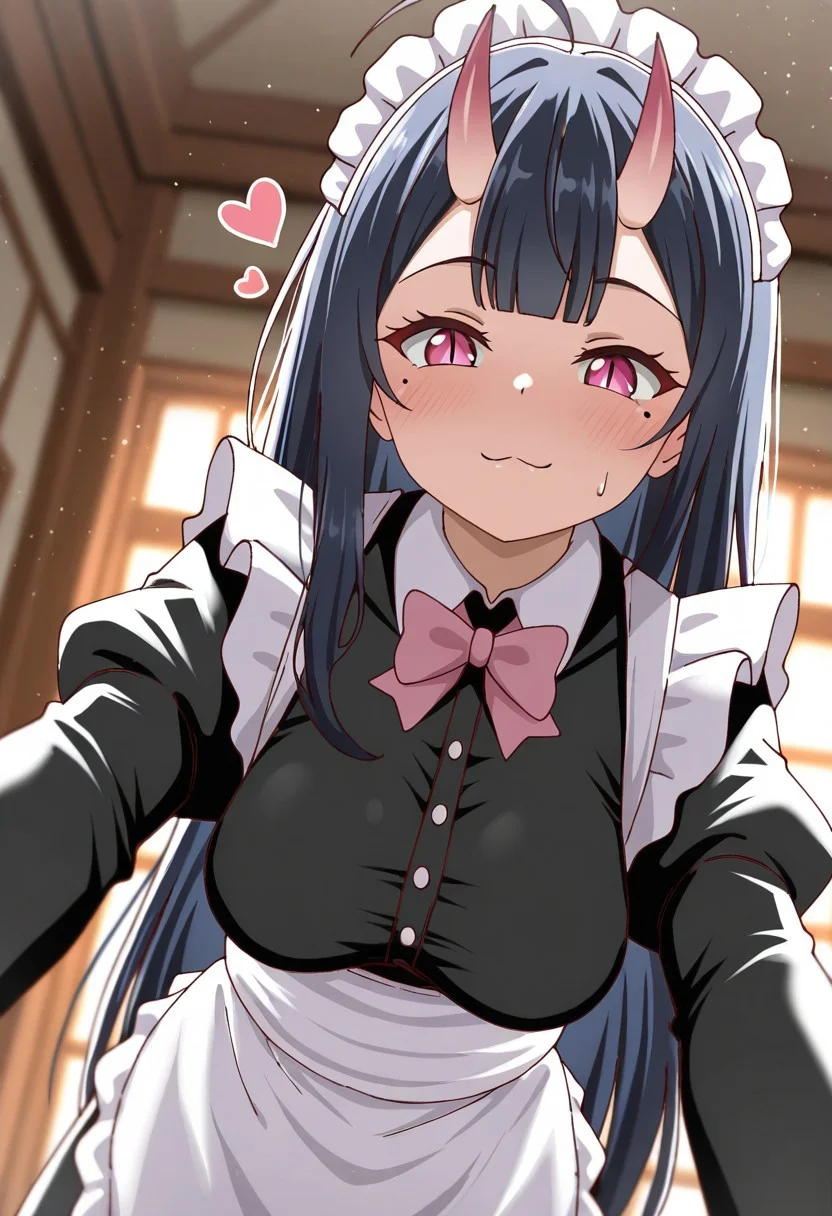 masterpiece, cute, lovely, newest, absurdres, (best quality:1.3), amazing quality, very aesthetic, 1girl, solo, high_resolution, hq, 4k, BREAK. high gradient eyes, very cute, light particles, cute details, cute colors, mature woman, (Poa_Mellhen_Style), oni, oni horns, dark blue hair, straight hair, very_long_hair, blunt bangs, pink eyes, slit pupils, (medium breasts:1.2), sagging_breasts, :3, ahoge, BREAK, in the style of cksc, depth of field,detailed background, volumetric lighting,godrays, detailed eyes,expressive eyes,highres, alternate_costume, apron, blurry, blush ,bow, enmaided, heart, long_sleeves, looking_at_viewer, maid ,maid_apron, maid_headdress, mole ,mole_under_eye, sharp_maker, sweatdrop, cinematic lighting, detailed clothes, vivid colors, fine texture,