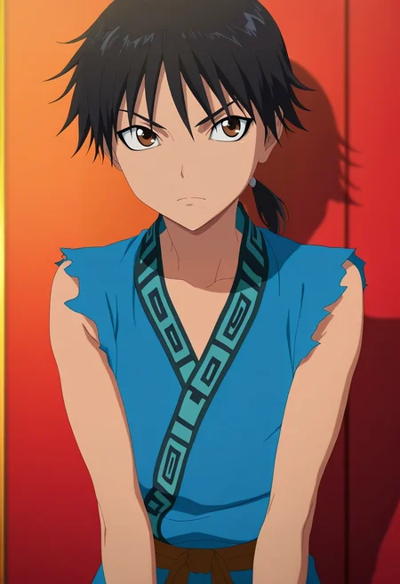 masterpiece, best quality, , anime screencap, , , , , 1boy, solo, male focus, <lora:xin_kingdom_ilxl:1>, xin_kingdom, black hair, brown eyes, short hair, low ponytail, (aged down:0.4), , ,