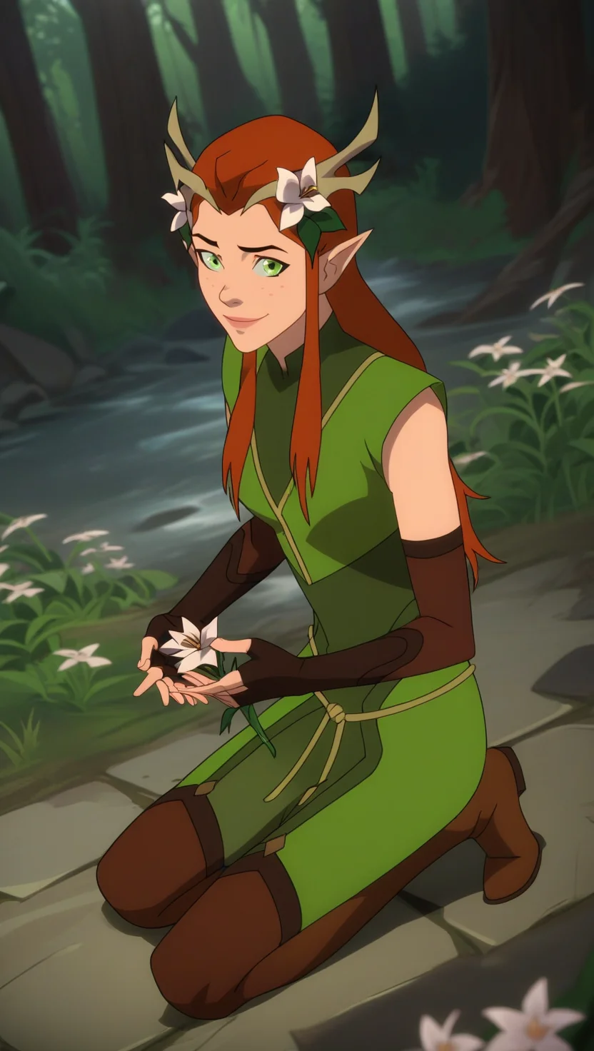 score_9_up, score_8_up, score_7_up, score_6_up, score_5_up, score_4_up, show accurate style, source_cartoon , flat colors, Keyleth, 1girl, solo, long hair, orange hair, freckles, antlers, green eyes, pointy ears, green robes, fingerless elbow gloves, green leggings, brown boots, full body, flower field, sitting, legs apart, on knees, (casting spell, holding flower, open hands, cupping hands), dutch angle, high angle, looking at viewer, from side, depth of field,
Perfect Hands,AddXL