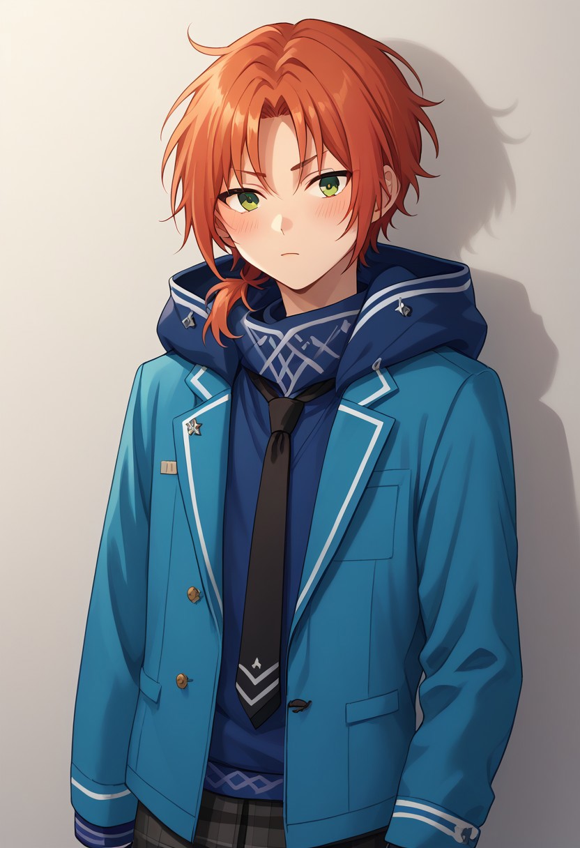 score_9, score_8_up, score_7_up, source_anime, highly detailed, 
leotsukinaga, 1boy, male focus, green eyes, solo, school uniform, red hair, plaid pants,
jacket, blue jacket, open jacket, orange hair, ponytail, short ponytail, side ponytail, hoodie, blue hoodie, hood, pants, blush, necktie, black necktie, upper body,
