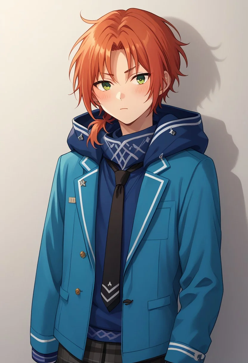 score_9, score_8_up, score_7_up, source_anime, highly detailed,
leotsukinaga, 1boy, male focus, green eyes, solo, school uniform, red hair, plaid pants,
jacket, blue jacket, open jacket, orange hair, ponytail, short ponytail, side ponytail, hoodie, blue hoodie, hood, pants, blush, necktie, black necktie, upper body,