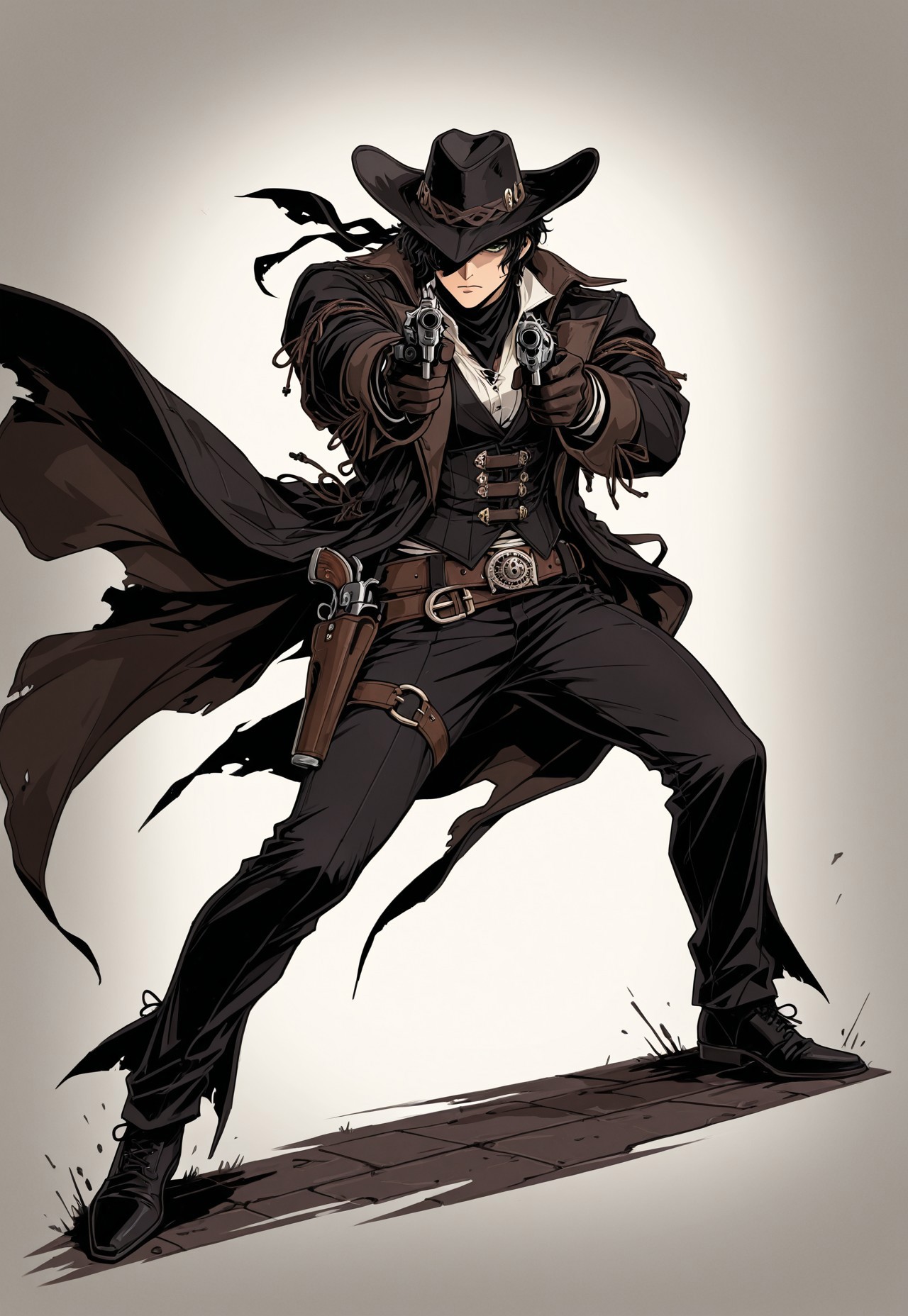 ww1era, victorianera, 18cera, alone, solo, portrait, full body, simple background, white background, no background, simple floor, full body, retro style, adult man, adult, man, black hair, short hair, green eyes, serious face, serious expression, serious eyes, covered face, shadowey face, mysterious, black bandanna, bandanna, criminal, black cowboy hat, black bandana ,outlaw, white shirt, black vest, black coat, coat, leather belt,  revolver holster, epic pose, epic, aiming, aiming pose, aiming posture, revolver, single revolver, black revolver, holding revolver, holding
<lora:RavenScript :1>
