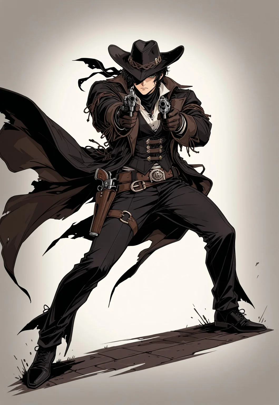 ww1era, victorianera, 18cera, alone, solo, portrait, full body, simple background, white background, no background, simple floor, full body, retro style, adult man, adult, man, black hair, short hair, green eyes, serious face, serious expression, serious eyes, covered face, shadowey face, mysterious, black bandanna, bandanna, criminal, black cowboy hat, black bandana ,outlaw, white shirt, black vest, black coat, coat, leather belt, revolver holster, epic pose, epic, aiming, aiming pose, aiming posture, revolver, single revolver, black revolver, holding revolver, holding
<lora:RavenScript :1>