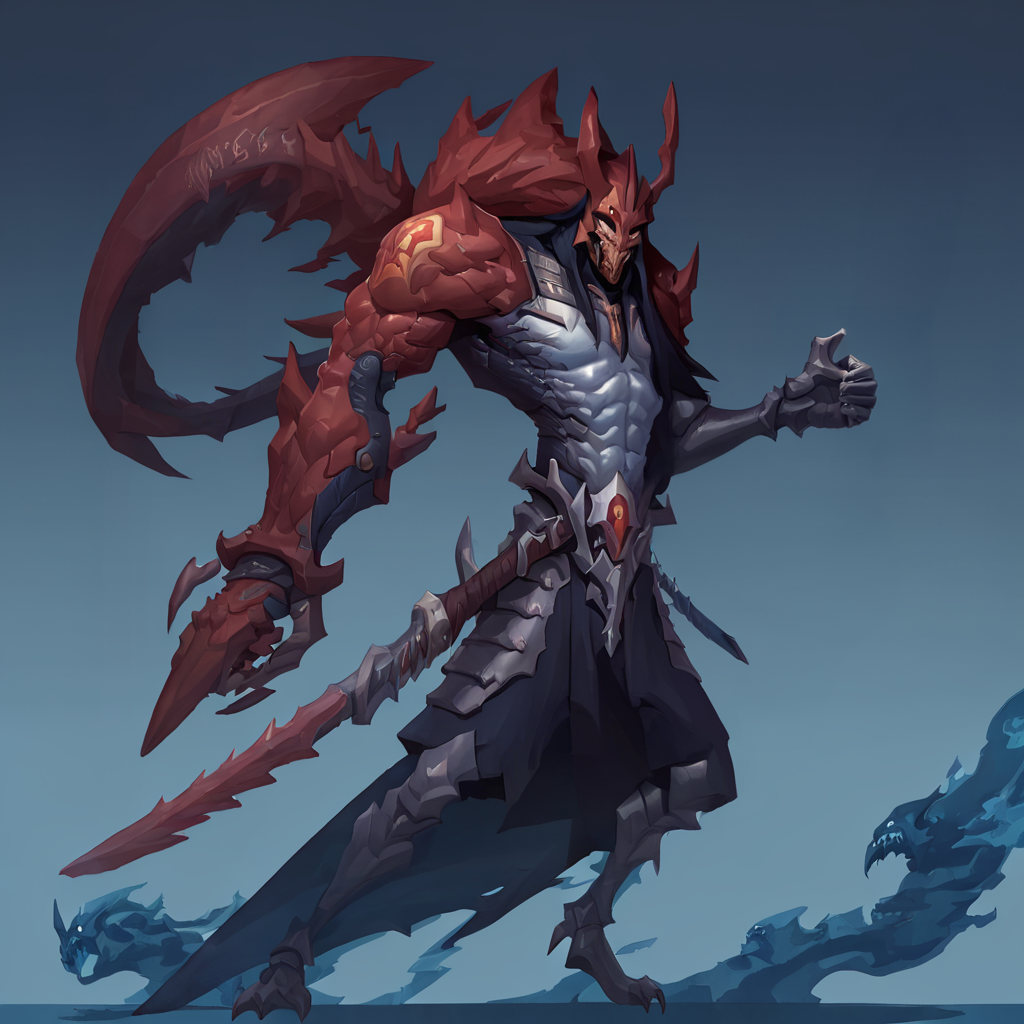<lora:hu4lu:1>hu4lu samurai with claws holding overly large sword with a knights head blue background
