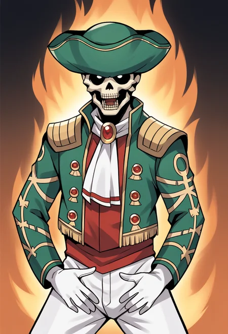 score_9, score_8_up, score_7_up, source_anime BREAK 1boy, solo,
<lora:zs_MatadorXL:1> matadorsmt, hat, skull, green jacket, white ascot, white pants, white gloves, green boots
<lora:JustDoIt_XLPD:1> JustDoItMeme, open mouth, looking at viewer, fiery background, black backgrounded