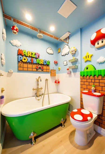 <lora:Custom_Bathroom_Crafter_FLUX-000013:0.8>
This is a photograph of a modern, Super Mario themed bathroom, with Super Mario details, mushroom shaped bathtub, and mushroom toilet.