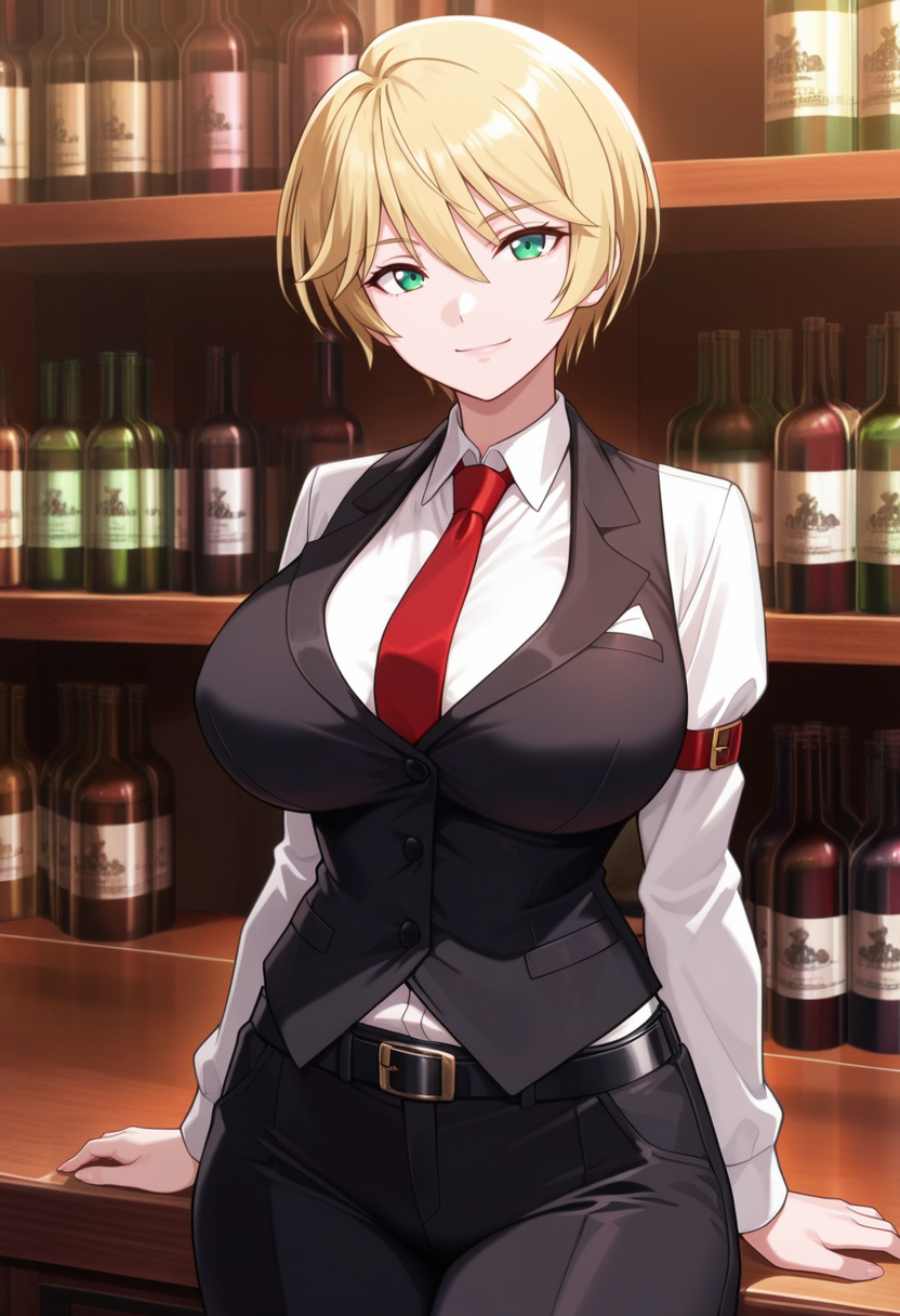 masterpiece, best quality, amazing quality,aria kimura, green eyes, blonde hair, short hair, mature female, 1girl, solo,breasts,large breasts,closed mouth, light smile, black vest, white shirt,red tie, long sleeves, black belt, black pants, cowboy shot, standing, looking at viewer, indoors, bar \(place\), bartender, night, blurry background <lora:aria kimuraV1:0.9>