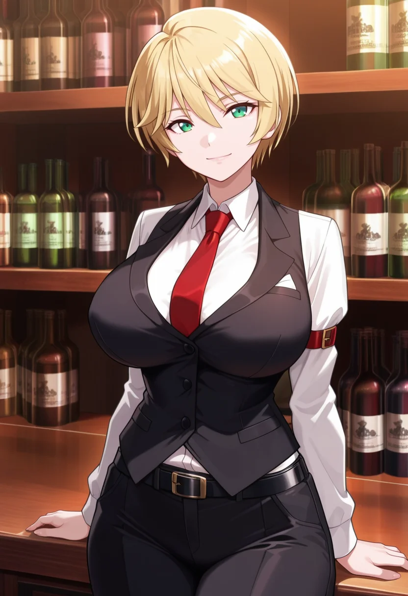 masterpiece, best quality, amazing quality,aria kimura, green eyes, blonde hair, short hair, mature female, 1girl, solo,breasts,large breasts,closed mouth, light smile, black vest, white shirt,red tie, long sleeves, black belt, black pants, cowboy shot, standing, looking at viewer, indoors, bar \(place\), bartender, night, blurry background <lora:aria kimuraV1:0.9>