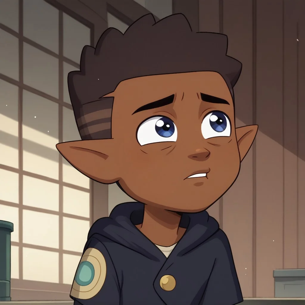 brown skin and dark brown hair with lighter shades, pointy ears, dark blue eyes,