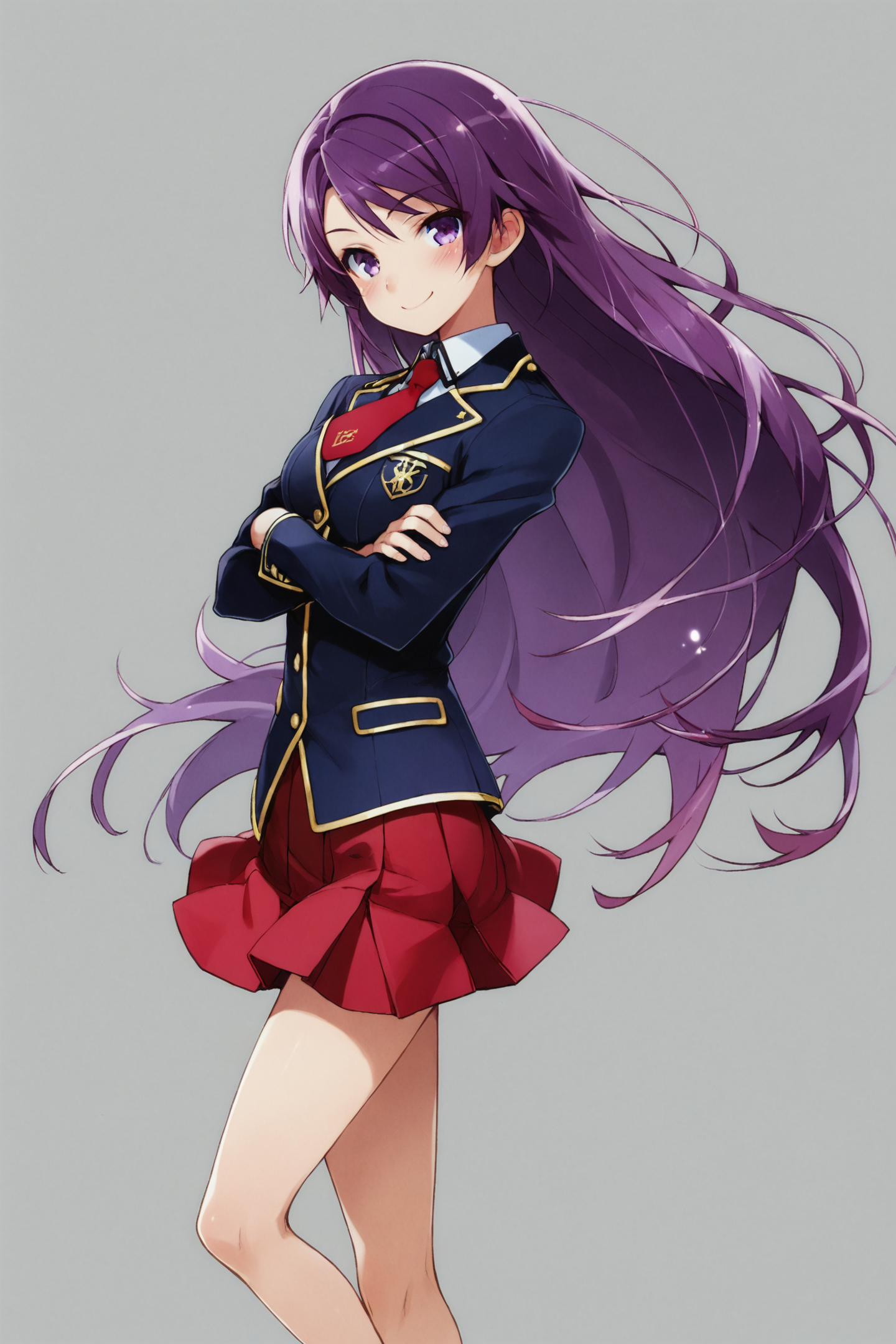 score_9,score_8_up,score_7_up,masterpiece,best quality,very aesthetic,absurdres,official art,official style,
Kirishima Shouko,1girl,solo,long hair,school uniform,red skirt,purple hair,red necktie,blush,smile,purple eyes,standing,crossed arms,simple background,white background,
<lora:Haga yui_XL_PONY:0.8>,