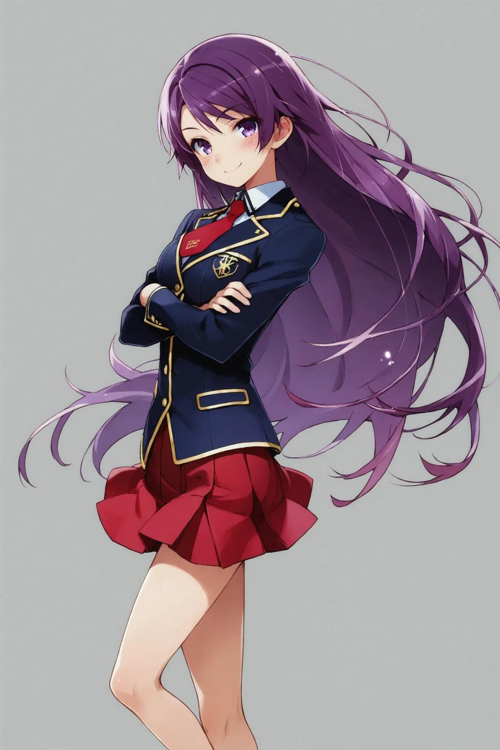 score_9,score_8_up,score_7_up,masterpiece,best quality,very aesthetic,absurdres,official art,official style,
Kirishima Shouko,1girl,solo,long hair,school uniform,red skirt,purple hair,red necktie,blush,smile,purple eyes,standing,crossed arms,simple background,white background,
<lora:Haga yui_XL_PONY:0.8>,