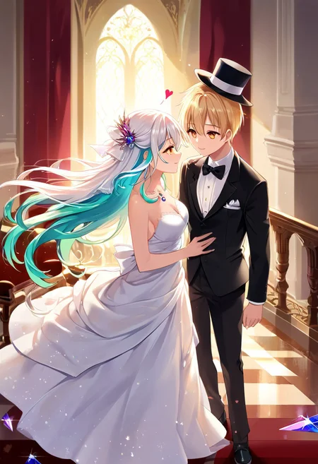 (masterpiece), (score_9, score_8_up, score_7_up,source_anime), 4K8K, best quality, high res image, illustration, (Uncorrected), CG, 
from above, 
(floating Heart-Shaped crystals:1.4), backlighting, 
Romantic dance, Elegant movements, Mutual harmony,  Dynamic, active, 
(girl and boy dancing waltz), (medium breasts), smile, (girl is boy's neck holding and bent back:1.4), 
(boy is holding girl's hip and hand:1.3), 
(gradient hair, multicolored hair, white hair, aqua hair), (amber eyes, detailed eyes),  
(girl wearing red modern dress, long hem, silkhat, miniature hat, pantyhose, see-through long shawl), 
(boy wearing tuxedo, blond hair:1.2), 
(in ballroom, backlighting1.2),
