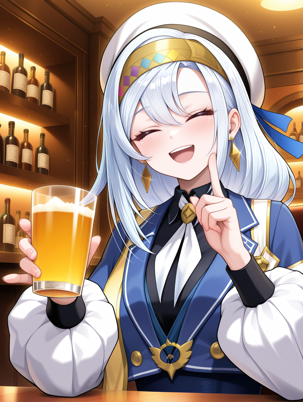 1girl,closed eyes,open mouth,smile,index finger raised,artmegia finemelt,blue dress,black collared shirt,blue capelet,white beret,gold hairband,upper body,gold earrings,gold sash,white necktie, bar, indoors, holding cup,
masterpiece,best quality,amazing quality,very aesthetic,absurdres,newest,<lora:Artmegia finemelt illusXL v1.3:0.7>,