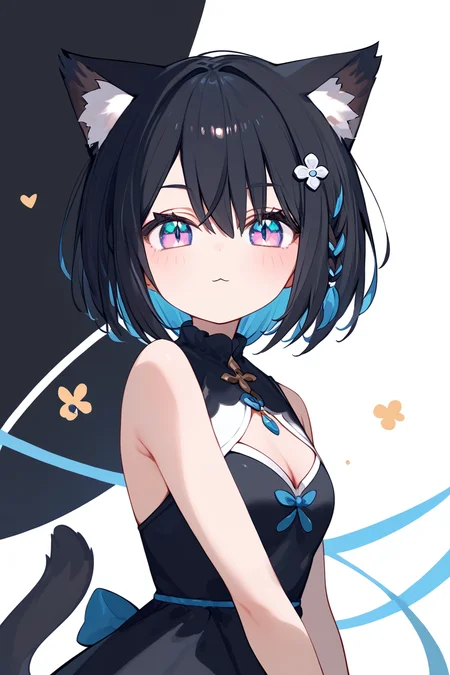 (score_9,score_8_up,score_7_up,),<lora:Hoshina Suzu-000018:0.9>,Hoshina Suzu,colored inner hair,short hair,multicolored hair,blue hair,black hair,cat ears,side braid,multicolored eyes,blue eyes,pink eyes,black dress,tail,upper body,:3,v,