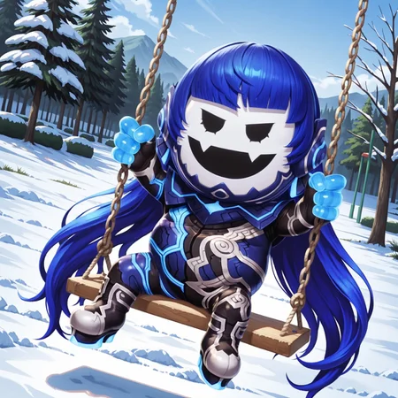 uncensored, masterpiece, best quality, highly detailed, realistic, solo, Nahobeeho, humanoid, ambiguous gender, blue hair, very long hair, hime cut, black eyes, mob face, flesh fangs, white body, white skin, blue bodysuit, multicolored bodysuit, full body suit, blue fingers smile, open mouth, sitting, 4 fingers, snow, park, outdoors, (on swing, swinging), detailed background, dutch angle