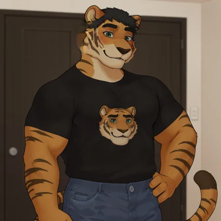 masterpiece, best quality, amazing quality, solo, upper body, thick eyebrows, animal ears, tiger boy, short hair, shirt, looking at viewer, male focus, muscular, tiger, furry, black shirt, jeans, orange fur, short hair, green eyes