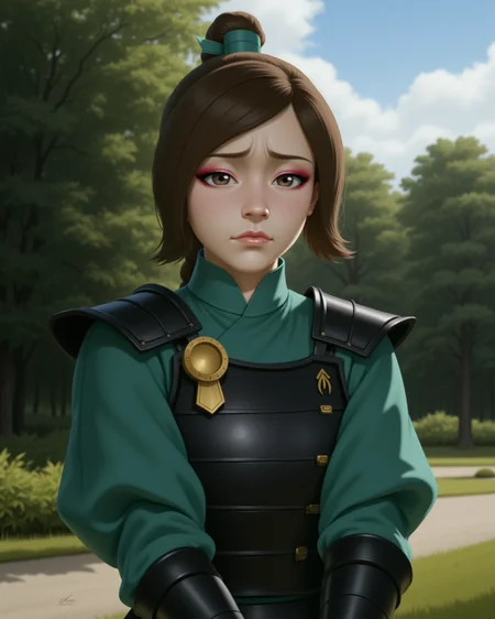 Semi-Realistic digital illustration Style in a wide shot. Looking at viewer, outdoors in daylight, 18 year old woman, Disappointed with slumped shoulders, a downcast gaze, and a faint sigh of regret.
<lora:AirBender_-_Ty_Lee_v2-000040:1> ab-tylee, brown hair and gray-brown eyes, ponytail
black japanese armor, kyoshi white face makeup, long sleeves, green dress, golden pin through hair