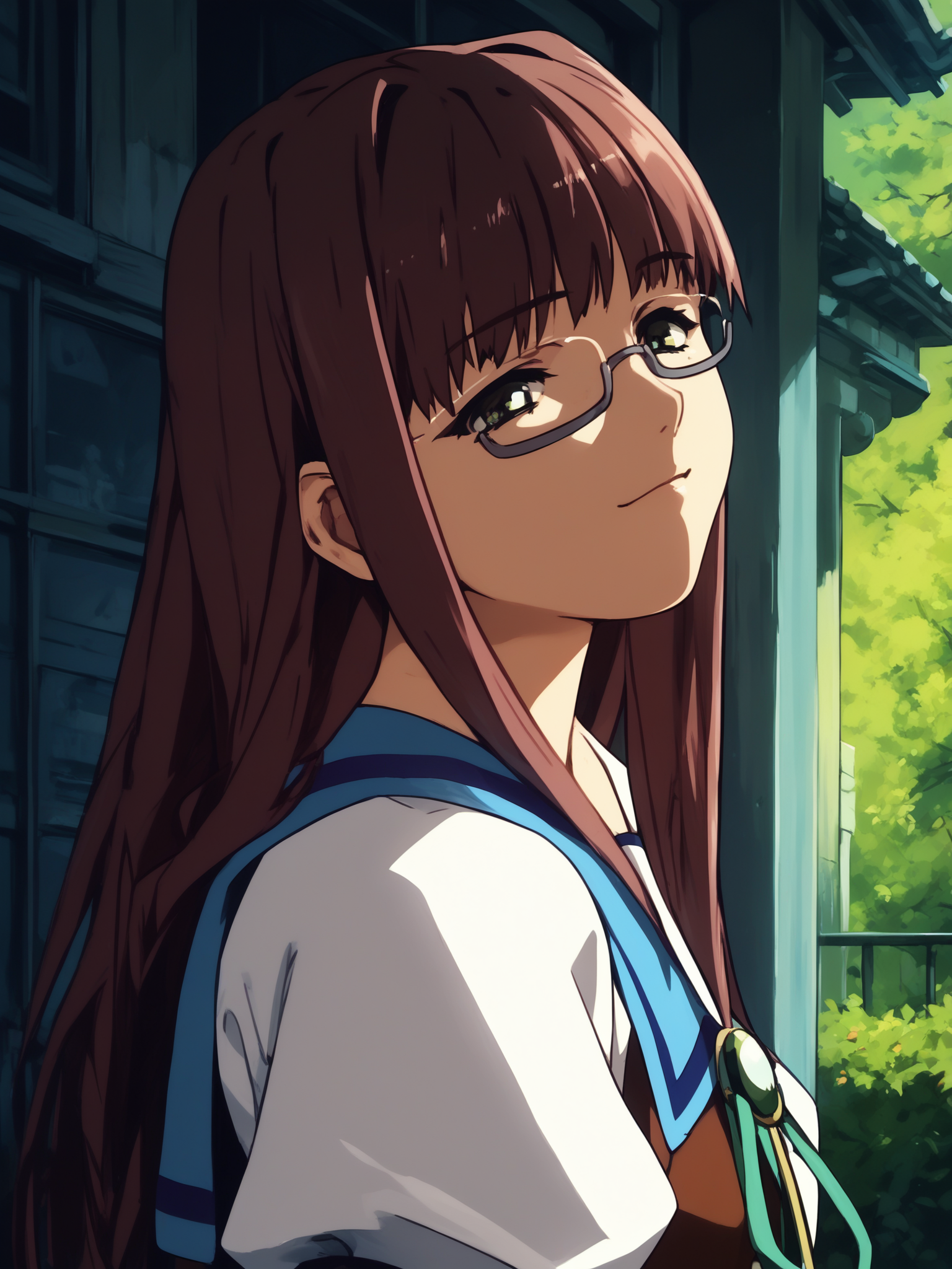 <lora:happy_tentacle-hikaru-v0.2-000030:0.9>, ht_hikaru, glasses, under-rim eyewear, school uniform , outdoors 1girl, solo, portrait , , (doyagao :1), , , standing , from side , score_9, score_8_up, score_7_up, score_6_up, score_5_up, score_4_up