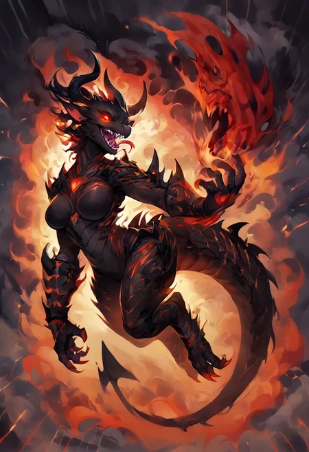 score_9, score_8_up, score_7_up, (Style-Volumetric:1.3), (4k quality, masterpiece, high resolution, more details), Floating, hanging in the air,, realistic, realistic anatomy, dark aura, 1 girl, female, female dragon, anthropomorphic dragon, dragon's head, full body, hyper realistic dragon head, spiked crest on the head, in full growth, hovering in the air, a dynamic pose, wearing black armor with a gold pattern, big black demonic wings on his back, black scales, predatory fiery red eyes, detailed eyes, vertical pupil, narrow pupil, black tears, four black horns on the head, (medium breast, natural breast), scales in cracks, (head tilt), head tilted back, shaft head tilt, open mouth, abstract background, glowing eyes, fangs, grin, tongue out, snake tongue, gloomy colors, dark aura, horror, a view from afar,