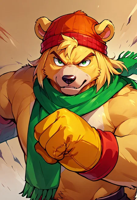 score_9, score_8, score_7, score_6, 1man, solo, furry, anthro, anthro bear, source_cartoon, Bark the bear, green scarf, orange beanie, furry male, simple background, gloves, upper body, fighting stance, portrait, looking at viewer,