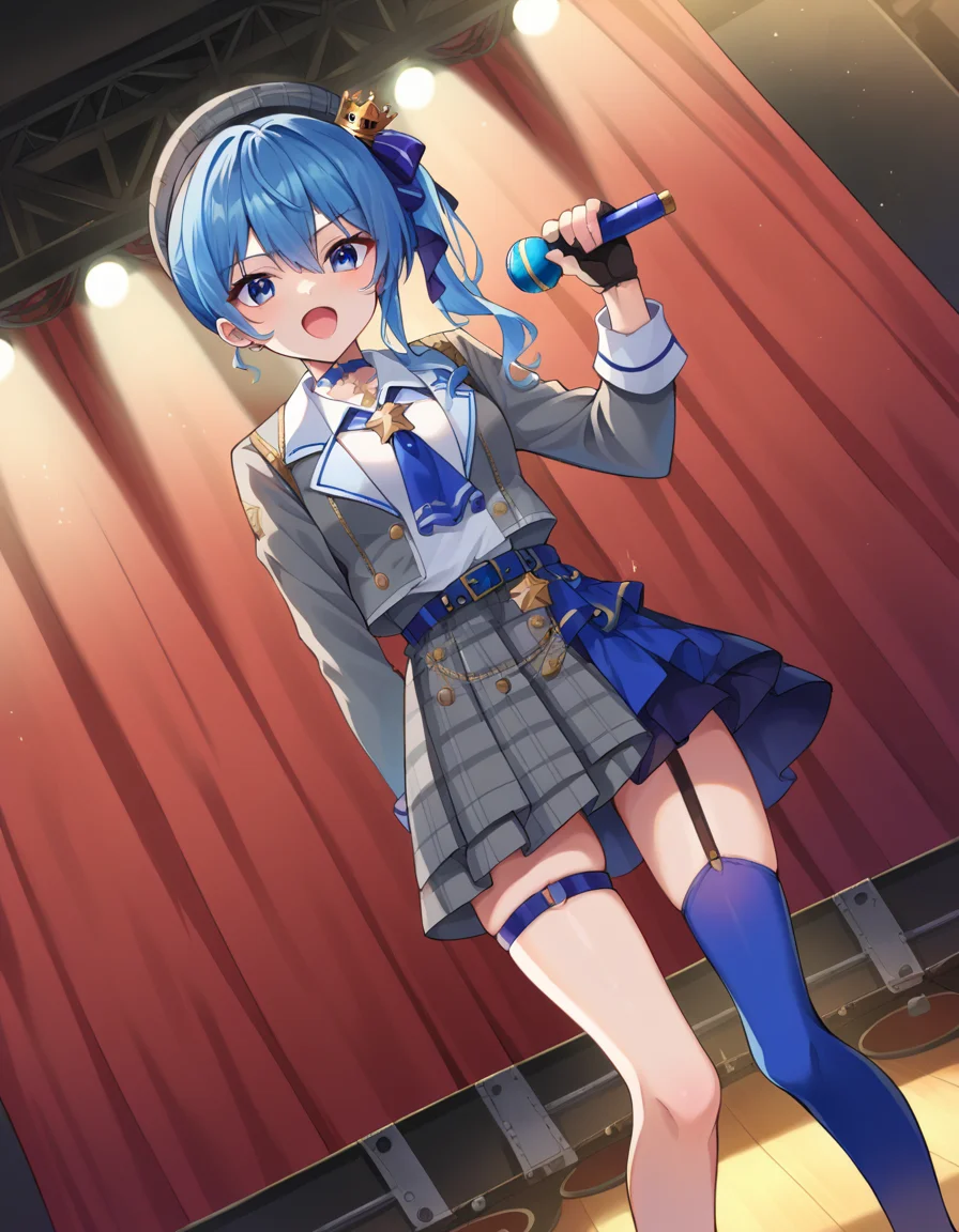 score_9, score_8_up, score_7_up, source_anime,
suiseihoshimachi, <lora:suisei-hoshimachi-ponyxl-lora-nochekaiser:1>
suisei hoshimachi, blue eyes, blue hair, choker, hair between eyes, medium hair, side ponytail, star choker,
ascot, asymmetrical legwear, belt, beret, black gloves, blue ascot, blue belt, blue bow, blue choker, bow, buttons, choker, collared shirt, crown, gloves, grey headwear, grey jacket, grey skirt, hat, jacket, jewelry, kneehighs, long sleeves, miniskirt, mismatched legwear, partially fingerless gloves, pendant, plaid, plaid jacket, plaid skirt, shirt, single kneehigh, single sock, skirt, skirt set, socks, star choker, star print, thigh strap, uneven legwear, white shirt,
indoors, stage, stage lighting, microphone, singing, holding microphone, open mouth,
looking at viewer, dutch angle, cowboy shot,