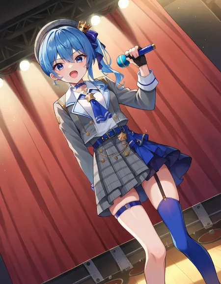score_9, score_8_up, score_7_up, source_anime,
suiseihoshimachi, <lora:suisei-hoshimachi-ponyxl-lora-nochekaiser:1>
suisei hoshimachi, blue eyes, blue hair, choker, hair between eyes, medium hair, side ponytail, star choker,
ascot, asymmetrical legwear, belt, beret, black gloves, blue ascot, blue belt, blue bow, blue choker, bow, buttons, choker, collared shirt, crown, gloves, grey headwear, grey jacket, grey skirt, hat, jacket, jewelry, kneehighs, long sleeves, miniskirt, mismatched legwear, partially fingerless gloves, pendant, plaid, plaid jacket, plaid skirt, shirt, single kneehigh, single sock, skirt, skirt set, socks, star choker, star print, thigh strap, uneven legwear, white shirt,
indoors, stage, stage lighting, microphone, singing, holding microphone, open mouth,
looking at viewer, dutch angle, cowboy shot,
