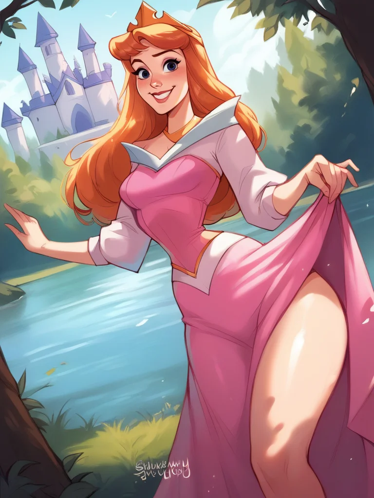score_9, score_8_up, score_7_up, score_6_up, AuroraXLP skirt lift, single bare leg, pink dress, princess, tiara, purple eyes, sexually suggestive, nsfw, medium breasts, narrow waist, wide hips, thick thighs, looking at viewer, cowboy shot, cartoon, dynamic pose, smile, cute, wide shot, solo, forest, lake, magic vibe, castle, disney, dutch angle, realistic,
<lora:AuroraXLP_character:0.85> <lora:BlushySDXL:0.75> blushyspicy,