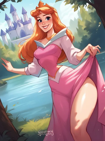 score_9, score_8_up, score_7_up, score_6_up, AuroraXLP skirt lift, single bare leg, pink dress, princess, tiara, purple eyes, sexually suggestive, nsfw, medium breasts, narrow waist, wide hips, thick thighs, looking at viewer, cowboy shot, cartoon, dynamic pose, smile, cute, wide shot, solo, forest, lake, magic vibe, castle, disney, dutch angle, realistic,
<lora:AuroraXLP_character:0.85> <lora:BlushySDXL:0.75> blushyspicy,