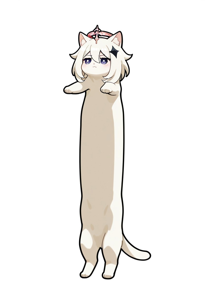 masterpiece,best quality,newest,absurdres,highres,very aesthetic, chibi,animalization,full body,animal ears, longcat \(meme\), Paimon (Genshin Impact),simple background, holding cat, white background,floating cat