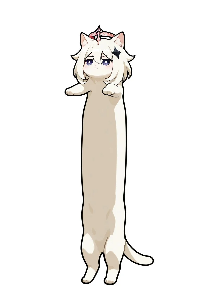 masterpiece,best quality,newest,absurdres,highres,very aesthetic, chibi,animalization,full body,animal ears, longcat \(meme\), Paimon (Genshin Impact),simple background, holding cat, white background,floating cat
