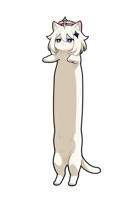masterpiece,best quality,newest,absurdres,highres,very aesthetic, chibi,animalization,full body,animal ears, longcat \(meme\), Paimon (Genshin Impact),simple background, holding cat, white background,floating cat