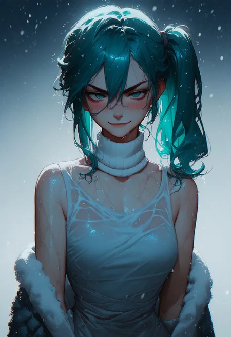 score_9, score_8_up, score_7_up, score_6_up, score_5_up, t4s14, (dramatic lighting, volumetric lighting, cowboy shot, winter, snow, dark, 1girl, teal hair, hair between eyes, side ponytail, gown, wet, blush, smirk)