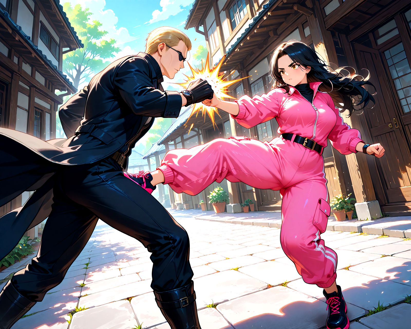PonyScores7, source_anime, ah, 1IllustriousQual
BREAK (<lora:Fighting scene [IL]:0.8>  fight_scene, battle, looking at each other, punch, kick, couple), (a tranquil village, with traditional houses, quiet pathways, spiritual ambiance, a daoist priestâs dwelling),  ((an expression of despair expression))
BREAK <lora:albertwesker-guy-PONYv1:0.8> albertwesker, albert wesker, 1boy, blonde, (sunglasses:1.3), toned, athletic, fit, slicked back hair, mature male, short hair, (black gloves, watch, belt, black coat, black pants, black turtleneck, zipper,  black boots), (reddish orange eyes, slit pupils), (angular face, sharp_featured face), handsome, charming, alluring
BREAK 1girl, (curly hair), long hair, (black hair:1.3), mature female, (parted hair:1.7), (round face:1.2), (thick eyebrows:1.3), (curvy), round-chin, (greenish brown eyes:1.4), (colorful eyes), (multicolored eyes), caucasian, (downturned eyes:1.2), (plump face), messy hair, <lora:Round_face:0.1>, <lora:ETO_OCPonyXL:0.5> eto_oc, skindentation, (plump), thick thighs, wide hips, busty, voluptuous, kinky curls, lips, <lora:venus body PonyXL:0.4>,  , ((cosmic playful pink jumpsuit with wide legs and a belt paired with pink slides))
BREAK <lora:xl_more_art-full_v1:0.2>, <lora:shinyskin2:0.2> glistening skin, <lora:aesthetic_anime_v1s:0.2>, <lora:Expressive_H:0.2> Expressiveh, <lora:hairdetailpxl:0.2> hairdetailpxl, <lora:EpicF4nta5yXL:0.2>, <lora:detailxl:0.2> detailxl, <lora:Fant5yP0ny:0.2>, best quality, amazing quality, best aesthetic, absurdres, <lora:expressive eyes:0.2> expressive eyes, <lora:eyedetailpxl:0.2> eyedetailpxl, illustration, Volumetric_Lighting, ultra-detailed, very aesthetic, intricate details, 8k, masterpiece, best_quality
BREAK (Low angle (from behind) view Close shot, focus on head), (zoom out:1.5)
BREAK <lora:Eyes_High_Definition:0.3> EyesHD, Stable_Yogis_PDXL_Positives, AS-Adult, <lora:Complicated fantasy portrait - XL Pony V2.0:0.4>, bad-hands-5, AS-MidAged, <lora:HDA_Detailer:0.2>