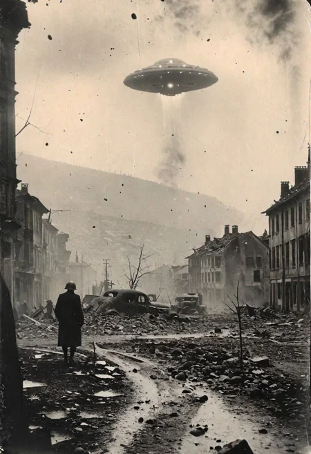 B&W 35mm vintage photo of a DISTANT UFO in a WW2 picture, destroyed city backdrop