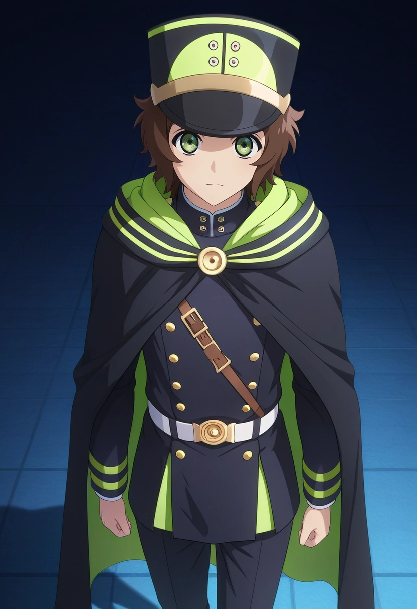 masterpiece, best quality, , (3d:0.4), looking at viewer, 1boy, solo, male focus, <lora:yoichi_saotome_ilxl:1>, yoichi_saotome, brown hair, green eyes, short hair, military uniform, military hat, black cape, black shirt, black pants