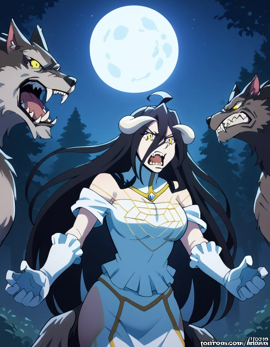 score_9, score_8_up, score_7_up, source_anime, <lora:overlord-albedo-s1s2-ponyxl-lora-nochekaiser:1>, albedo, ahoge, black hair, horns, long hair, yellow eyes, large breasts,, <lora:werewolf-ponyxl-lora-nochekaiser:1>, werewolf, furry, fangs, animal ears, gloves, angry, teeth, animal ear fluff,, forest, night, moon, open mouth,, cowboy shot