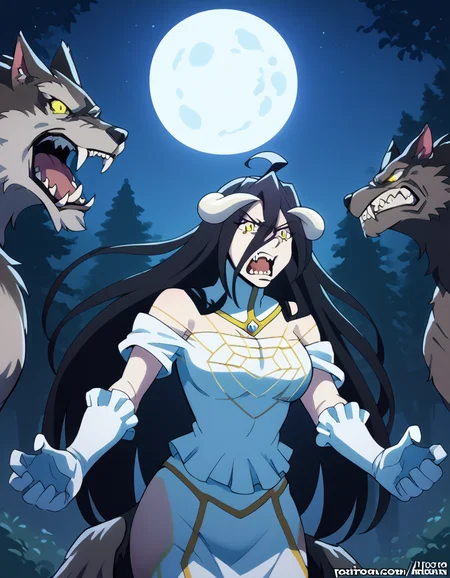 score_9, score_8_up, score_7_up, source_anime, <lora:overlord-albedo-s1s2-ponyxl-lora-nochekaiser:1>, albedo, ahoge, black hair, horns, long hair, yellow eyes, large breasts,, <lora:werewolf-ponyxl-lora-nochekaiser:1>, werewolf, furry, fangs, animal ears, gloves, angry, teeth, animal ear fluff,, forest, night, moon, open mouth,, cowboy shot