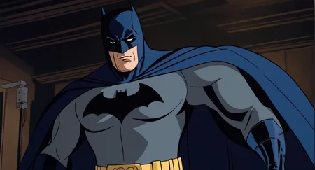 comic book art of  Cinematic Film stock footage in (arri alexa style) Kodak film print,   <lora:batman:1> batman a man in a dark blue batman costume is seen in a dark room, comic art, graphic novel illustration