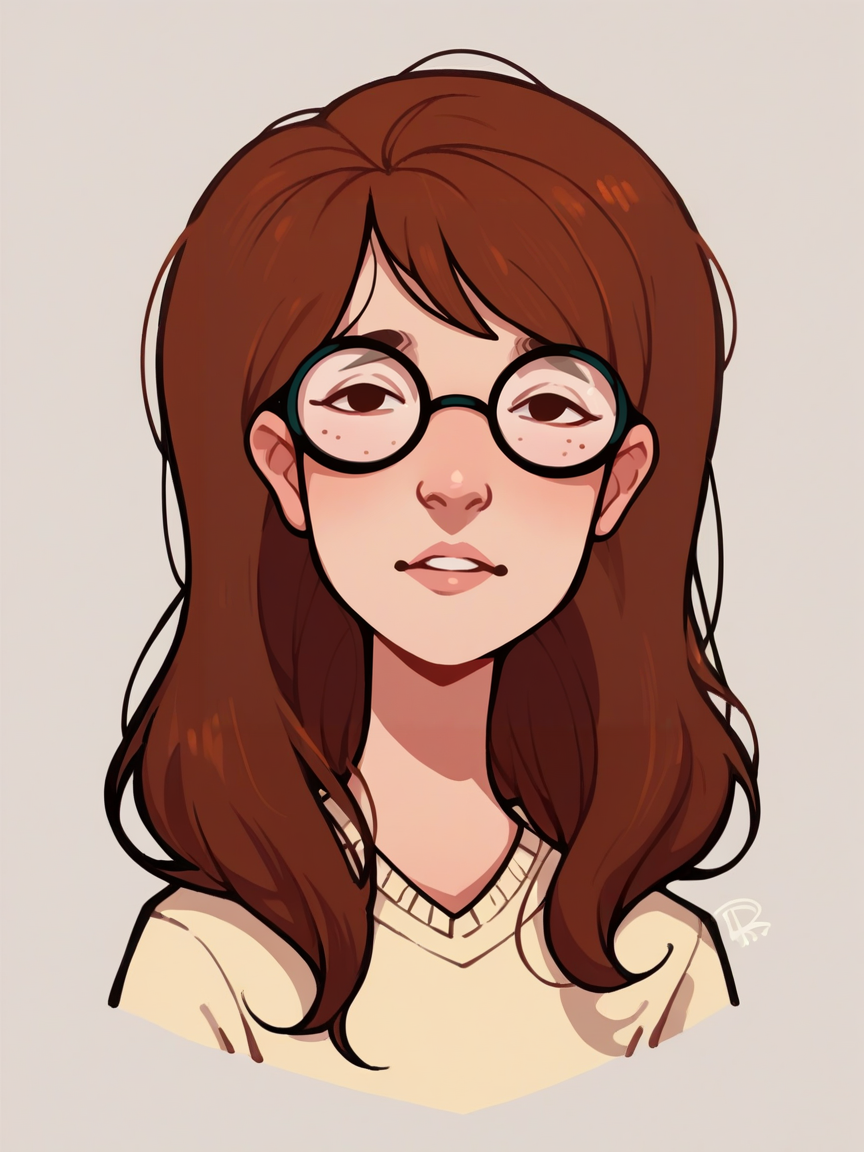 score_9, score_8_up, score_7_up, score_6_up,  <lora:d41r4XLP:1> (d41r4:1.2), solo, 1girl, glasses, brown hair, flat color