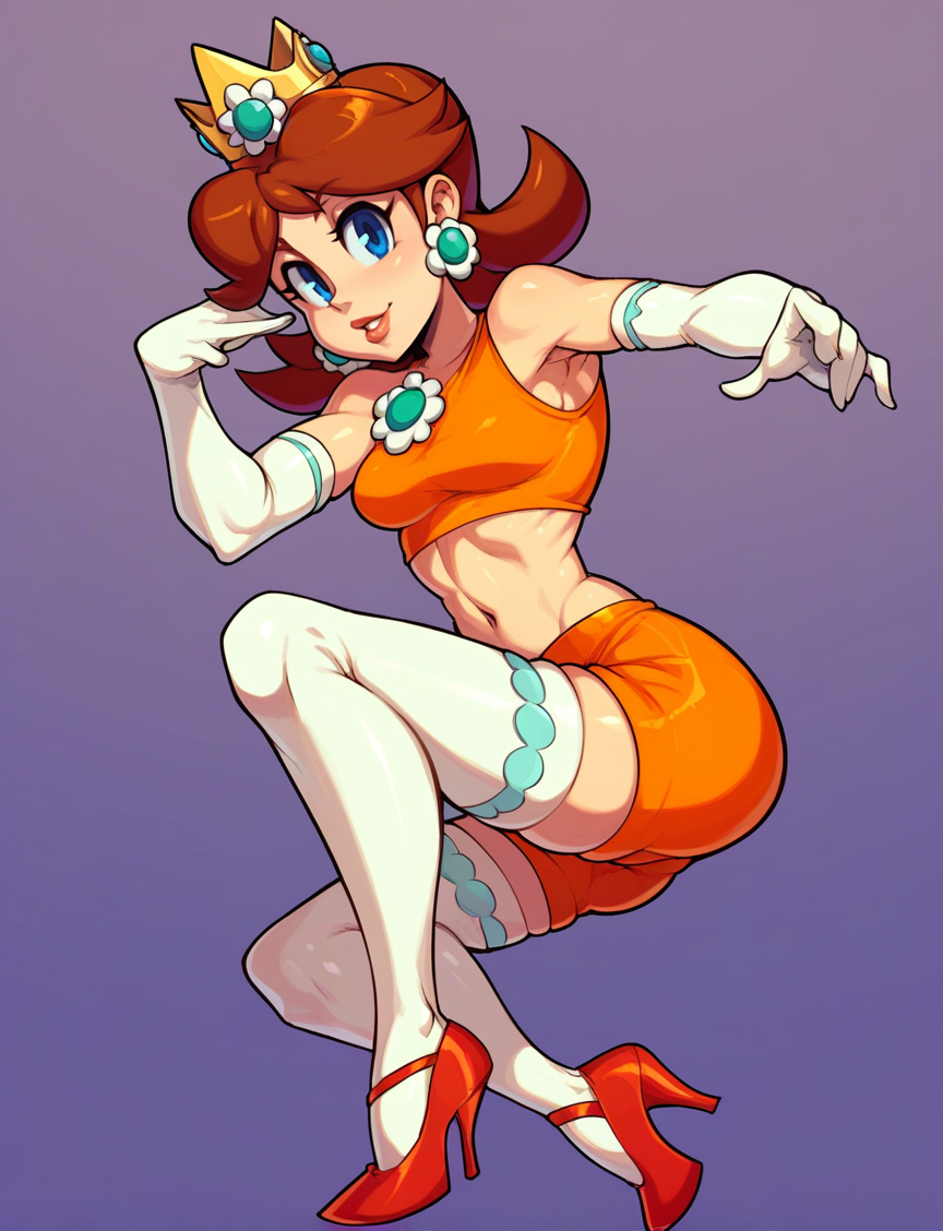score_9, score_8_up, sgStyle, 1girl, solo, princess_daisy, blue eyes, lips, orange crop top, shorts, white stockings, elbow gloves, red high heels <lora:sgStyleSDXL-000006:1>